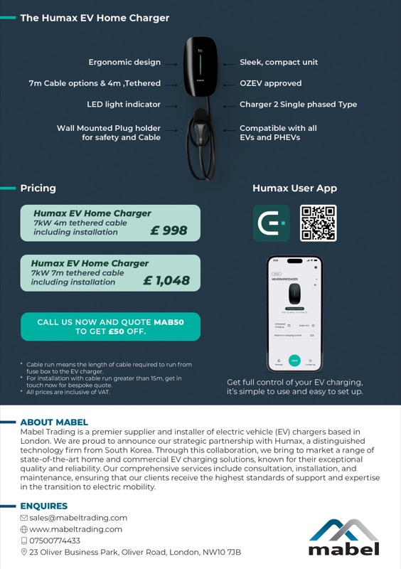 Back side of Humax A5 flyer showing services and contact information
