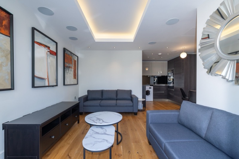 Modern living room with coffered ceiling