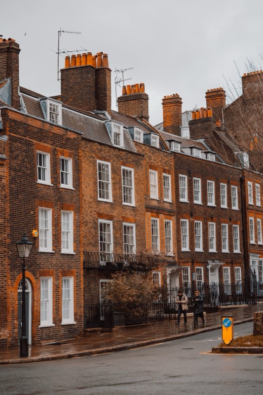 Georgian brick terrace on rainy day