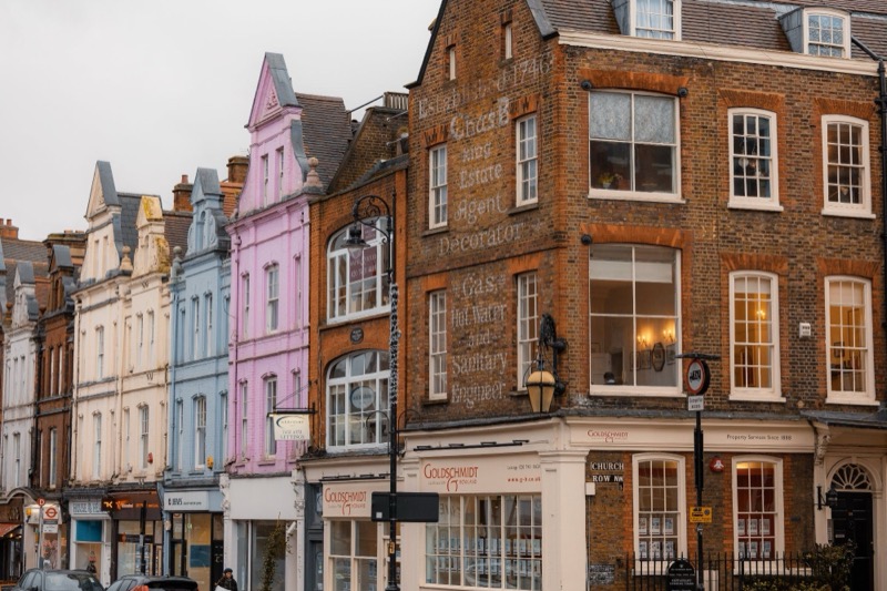 Hampstead high street colourful Georgian facades