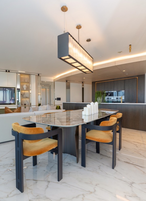 Luxurious dining room with gold accents