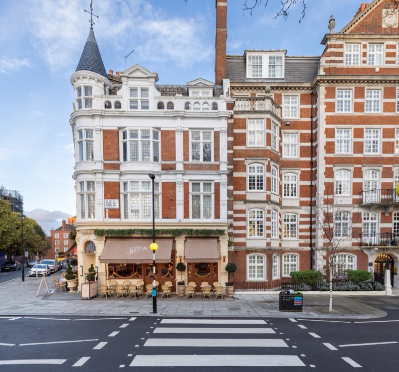 Corner building with turret and café in St John's Wood